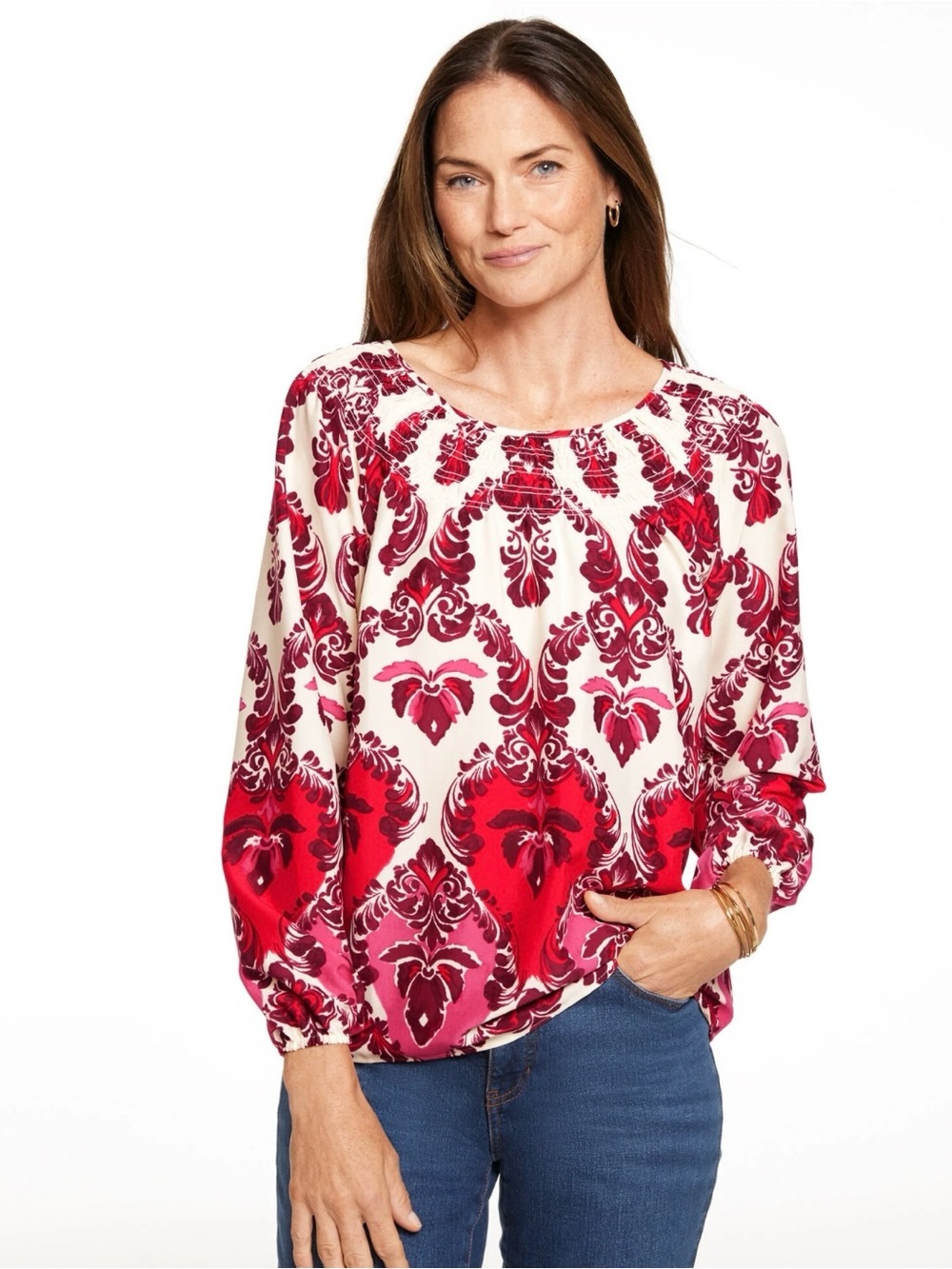 Talbots Plus Watercolor Red and White Damask Boho Pillow Sleeve Lightweight Top